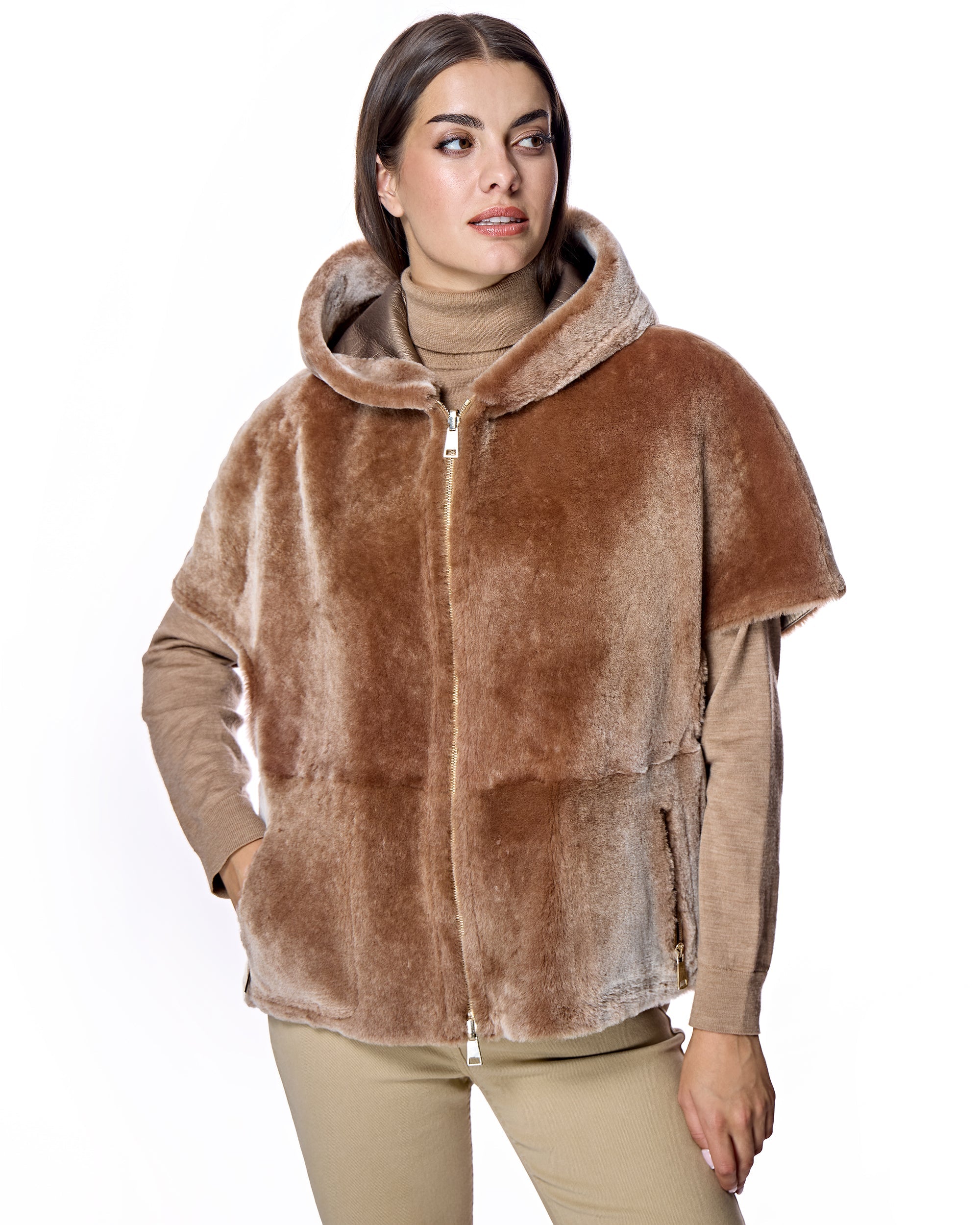 Reversible Short Sleeve Shearling Lamb Hooded Cape