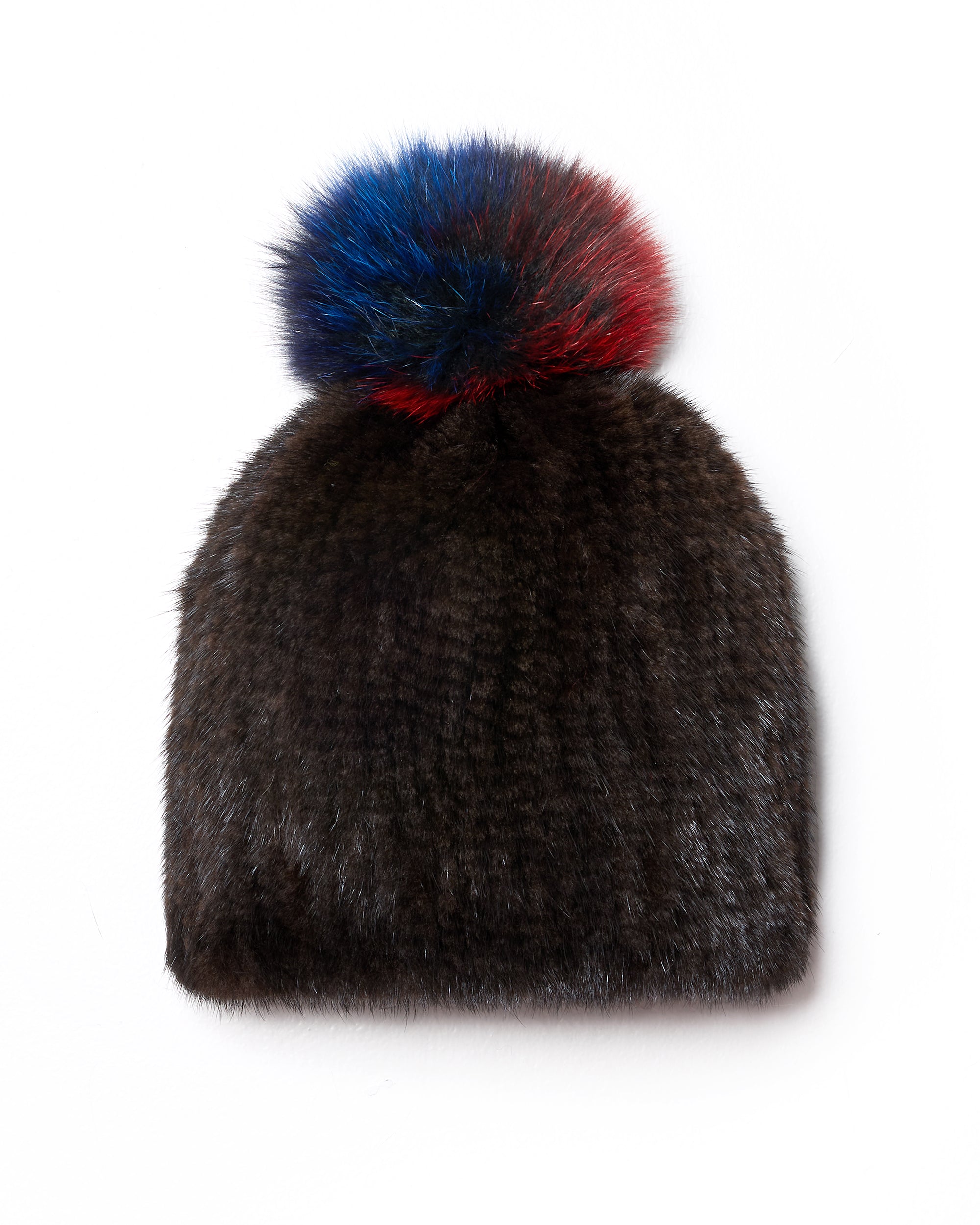 Knitted Mink Hat With Fox Pompom