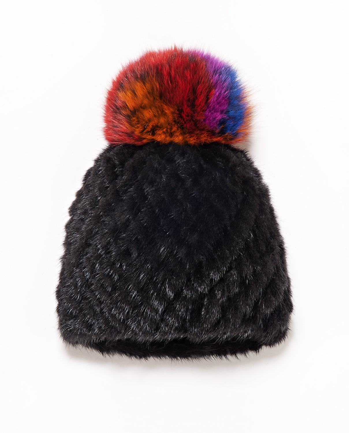 Knitted Mink Section Hat with Fox Pom Pom
