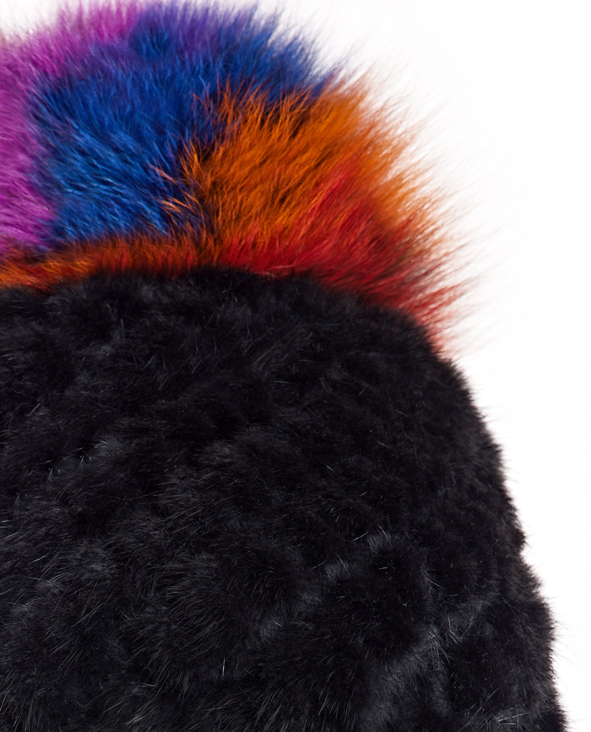Knitted Mink Section Hat with Fox Pom Pom