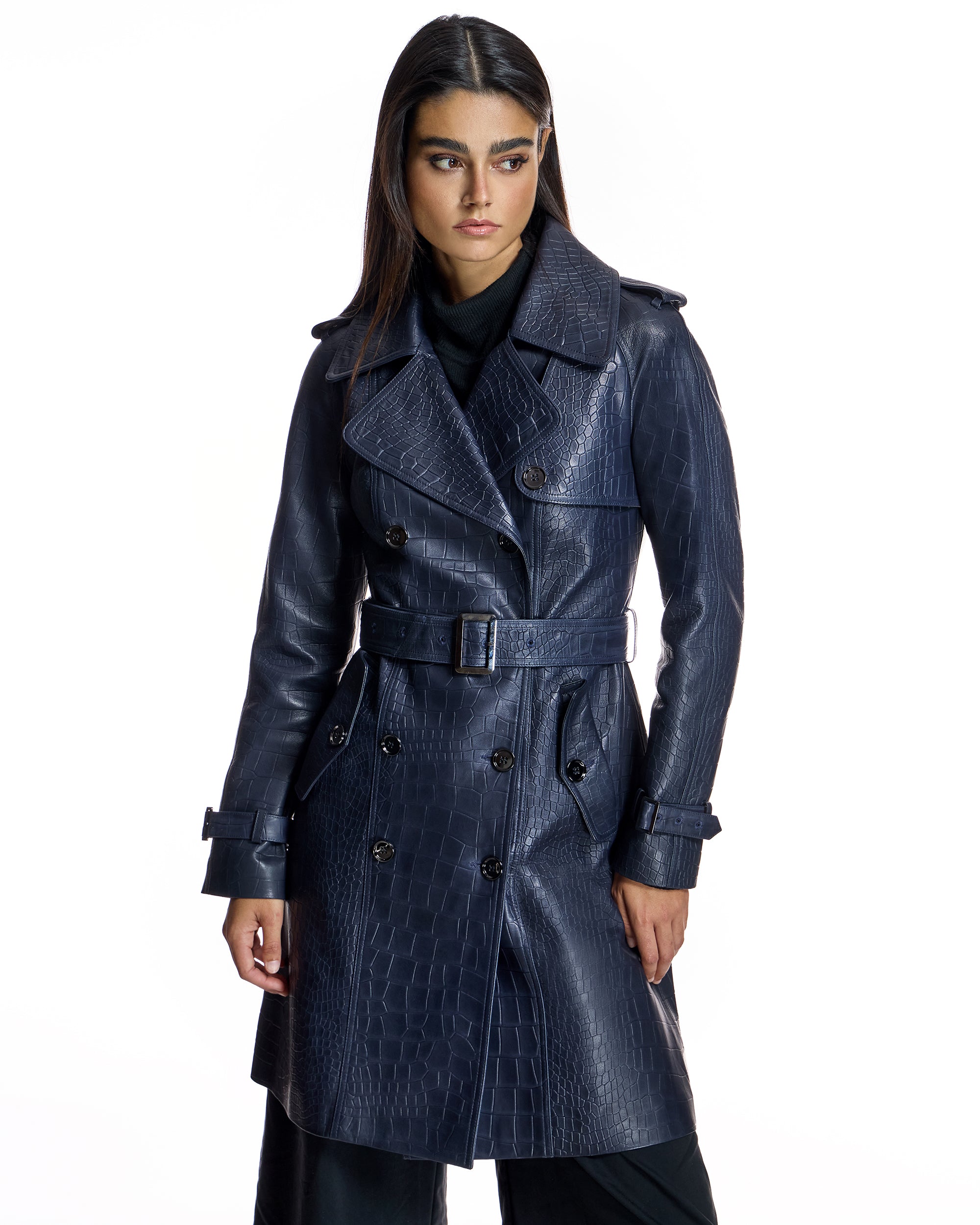 Leather Trench Coat with Crocodile Embossing