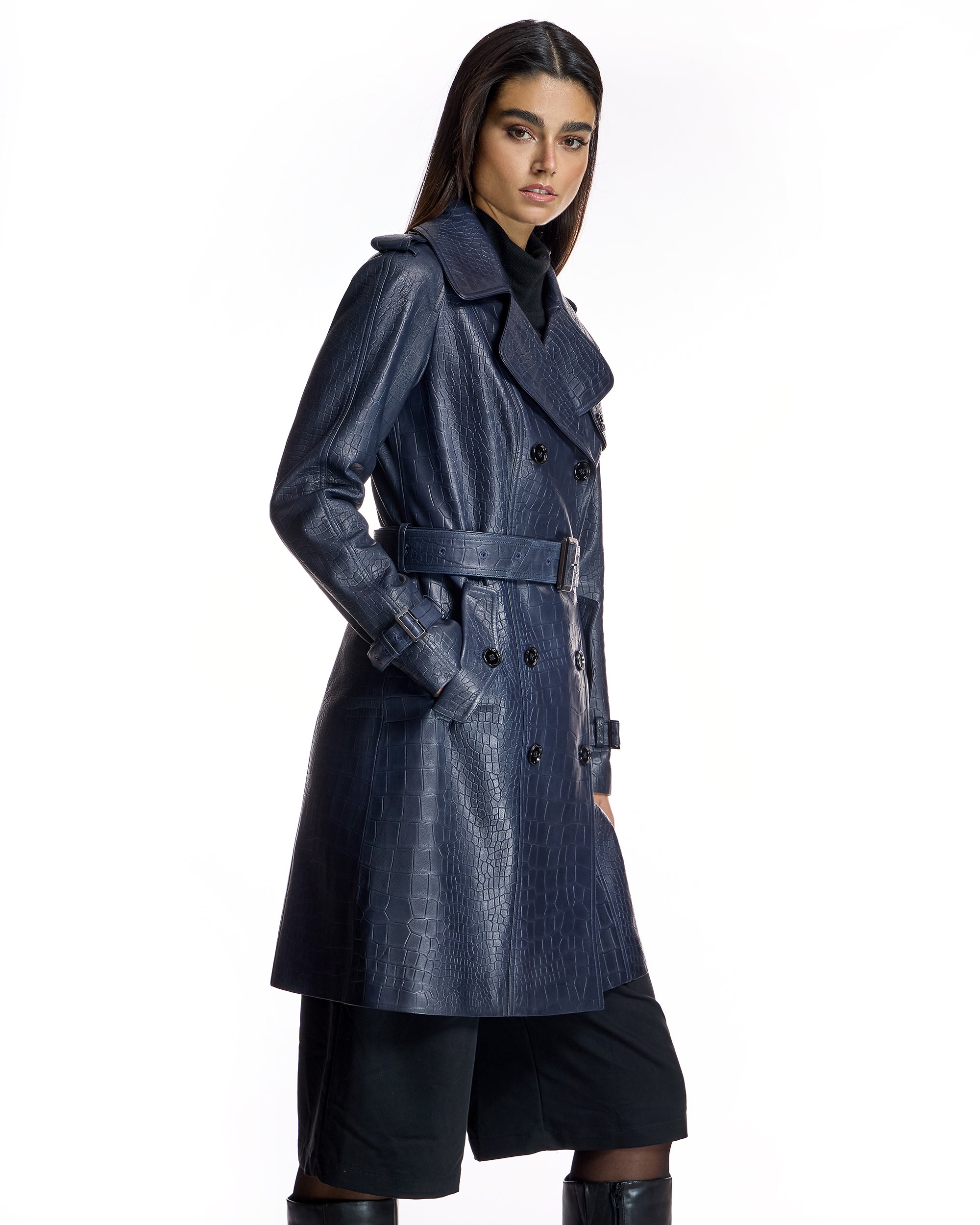 Leather Trench Coat with Crocodile Embossing
