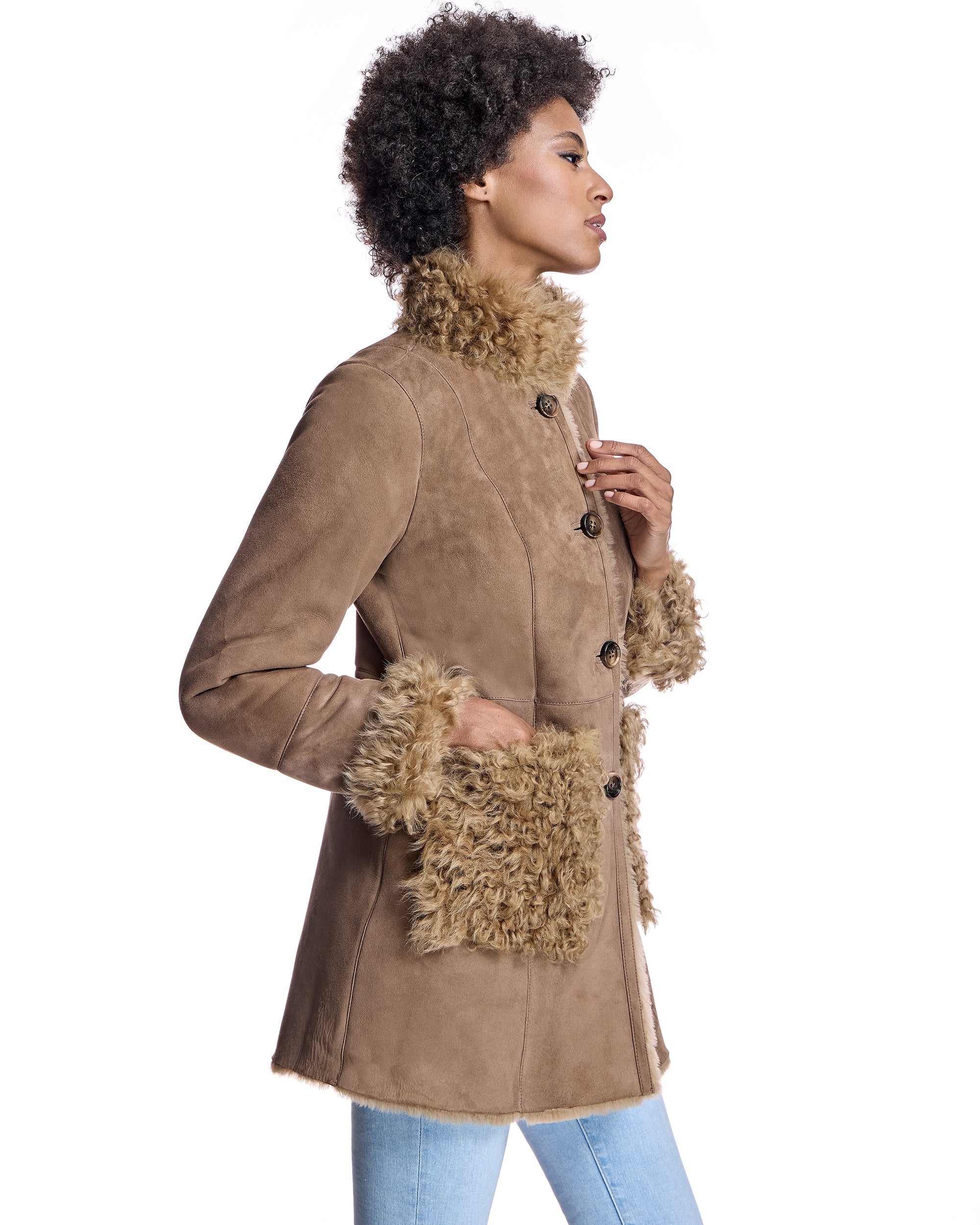 Julia & Stella by Maximilian Shearling Jacket with Curly Lamb Trim