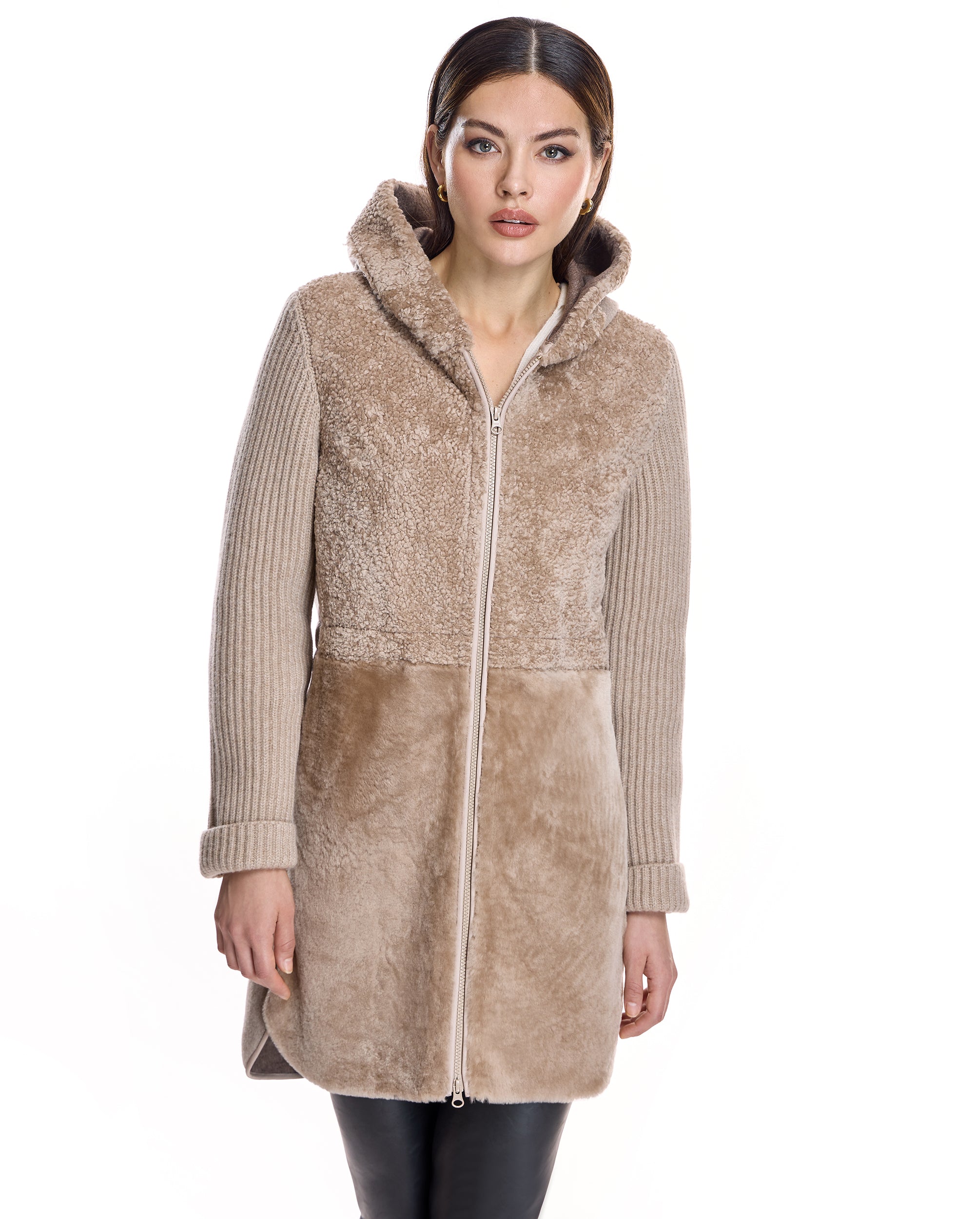 Hooded Shearling Jacket with Zipper