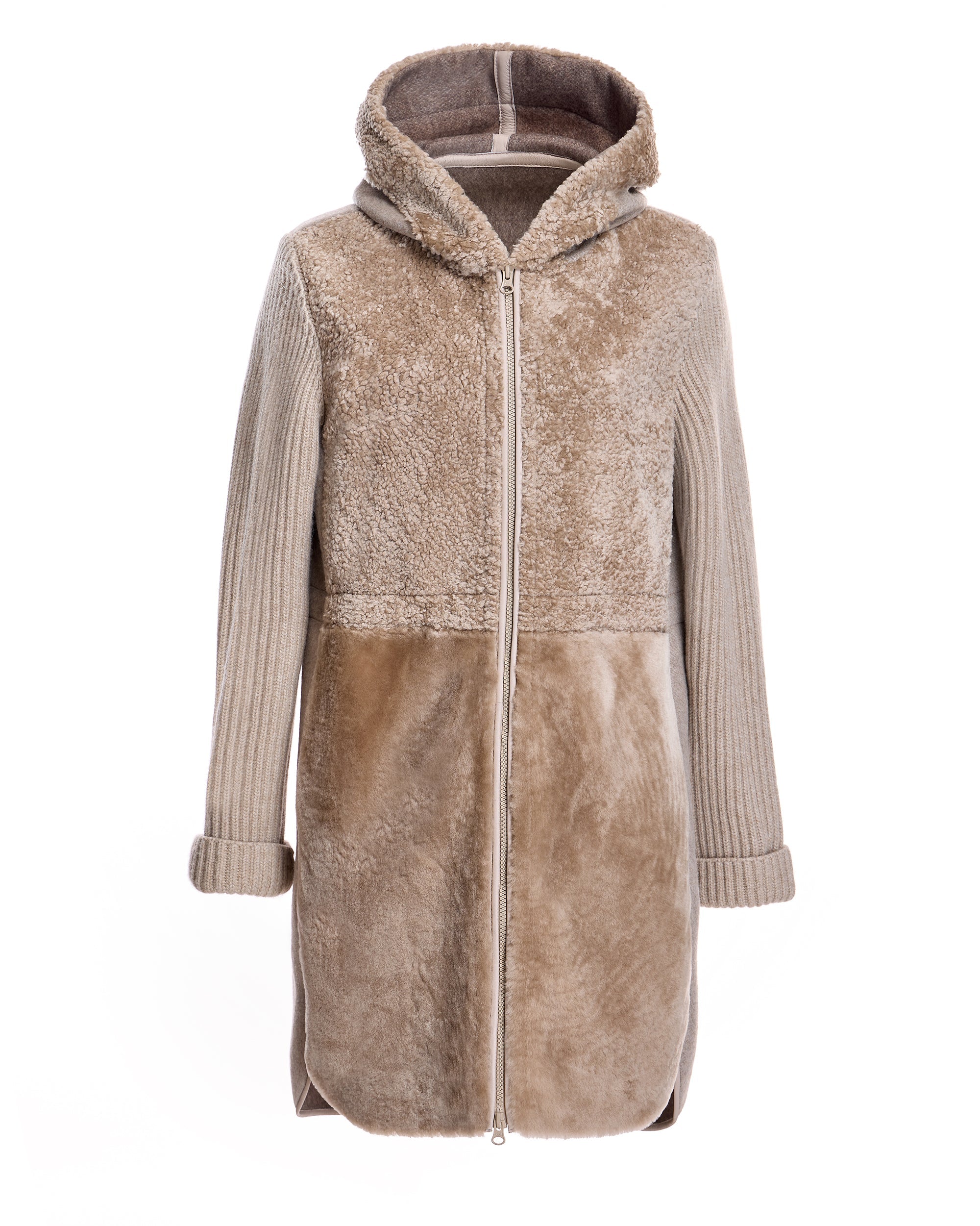 Hooded Shearling Jacket with Zipper