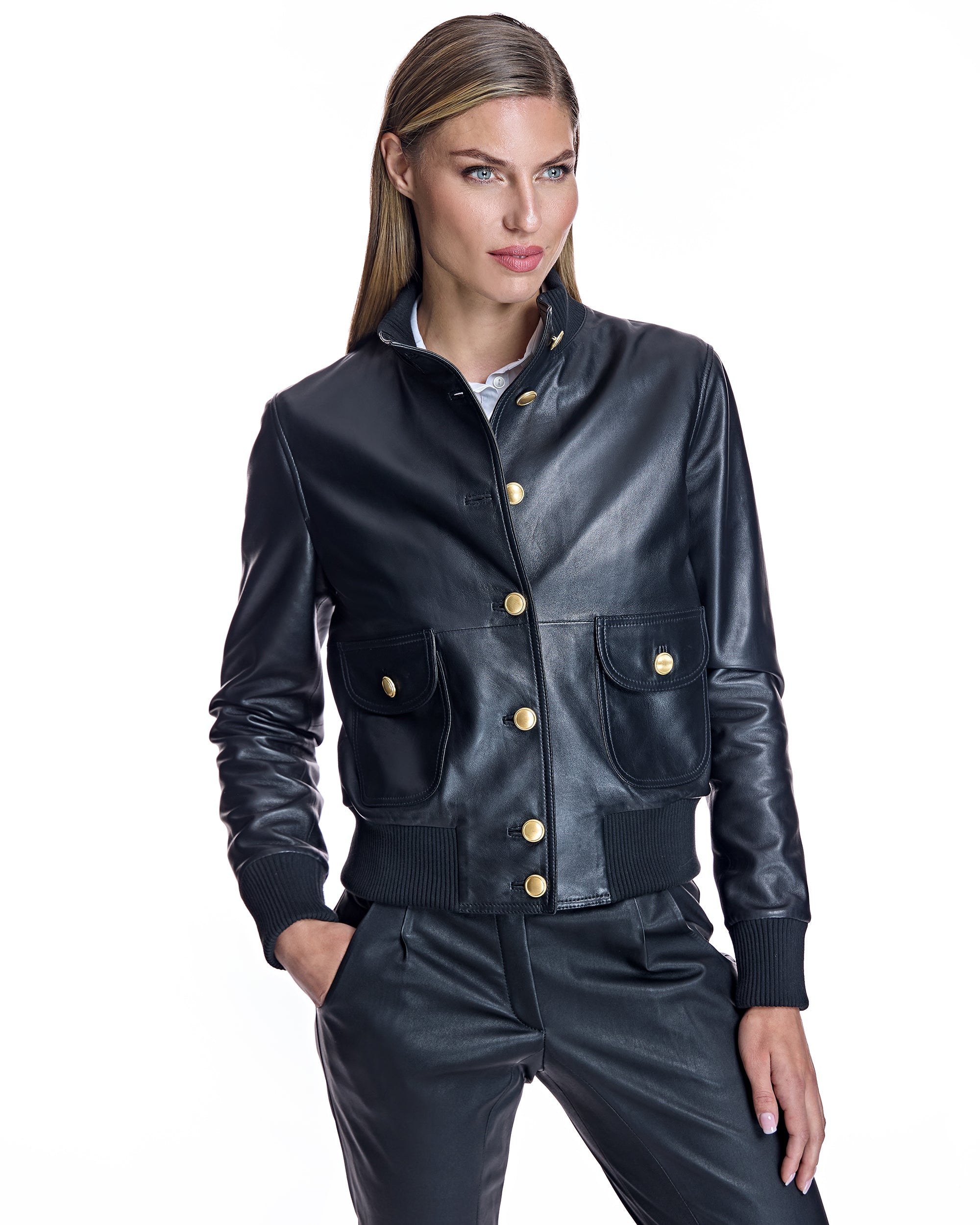 Buttoned Leather Bomber
