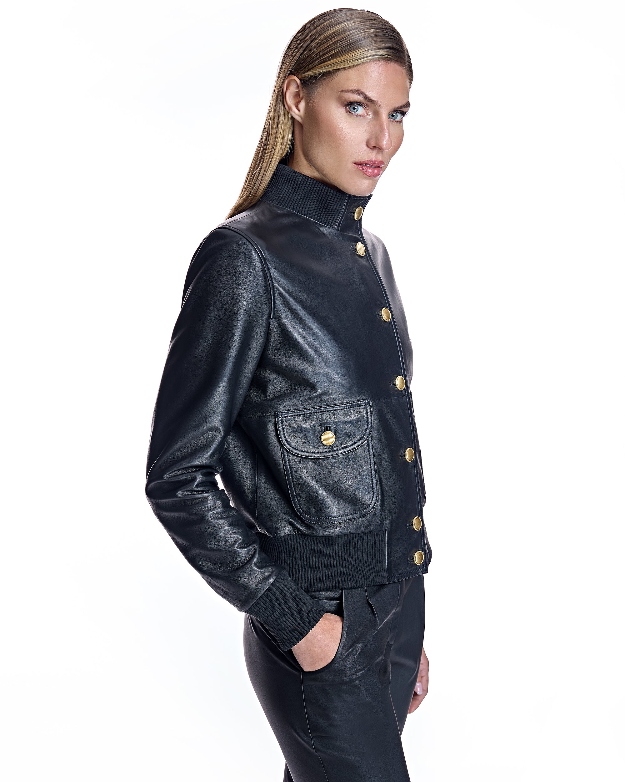Buttoned Leather Bomber