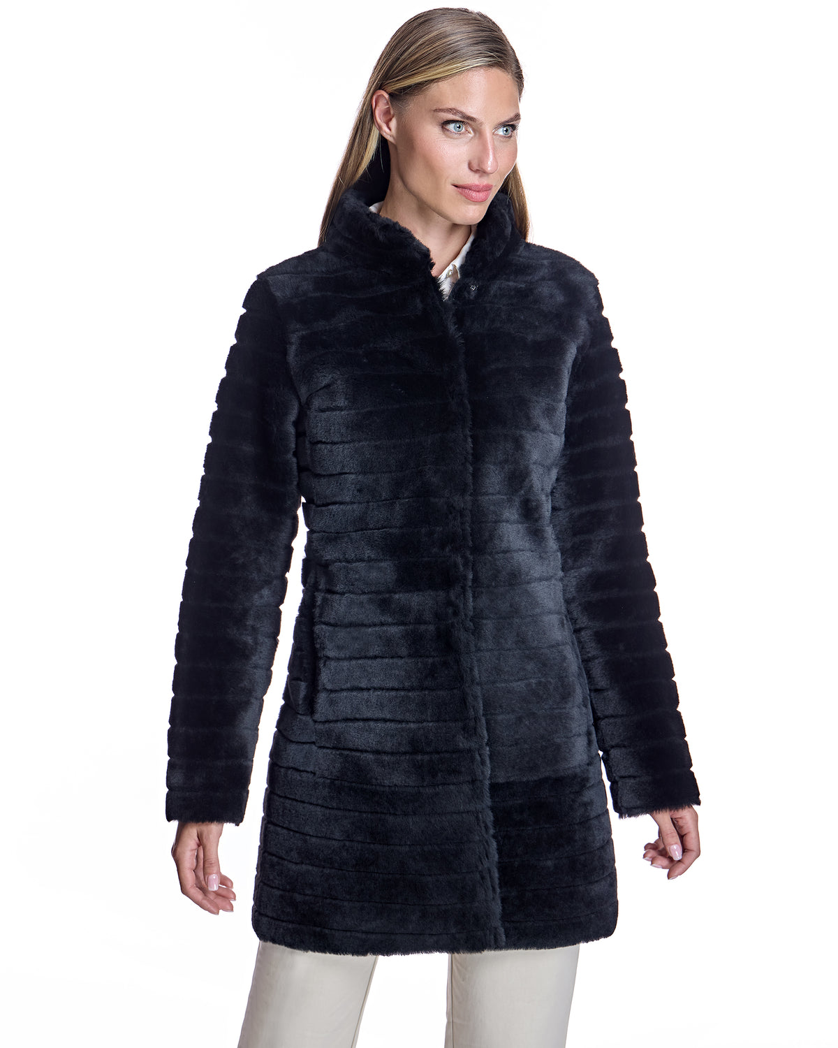 Abrigo de cordero reversible en horizontal con cuello alto en BLACK, imagen 1