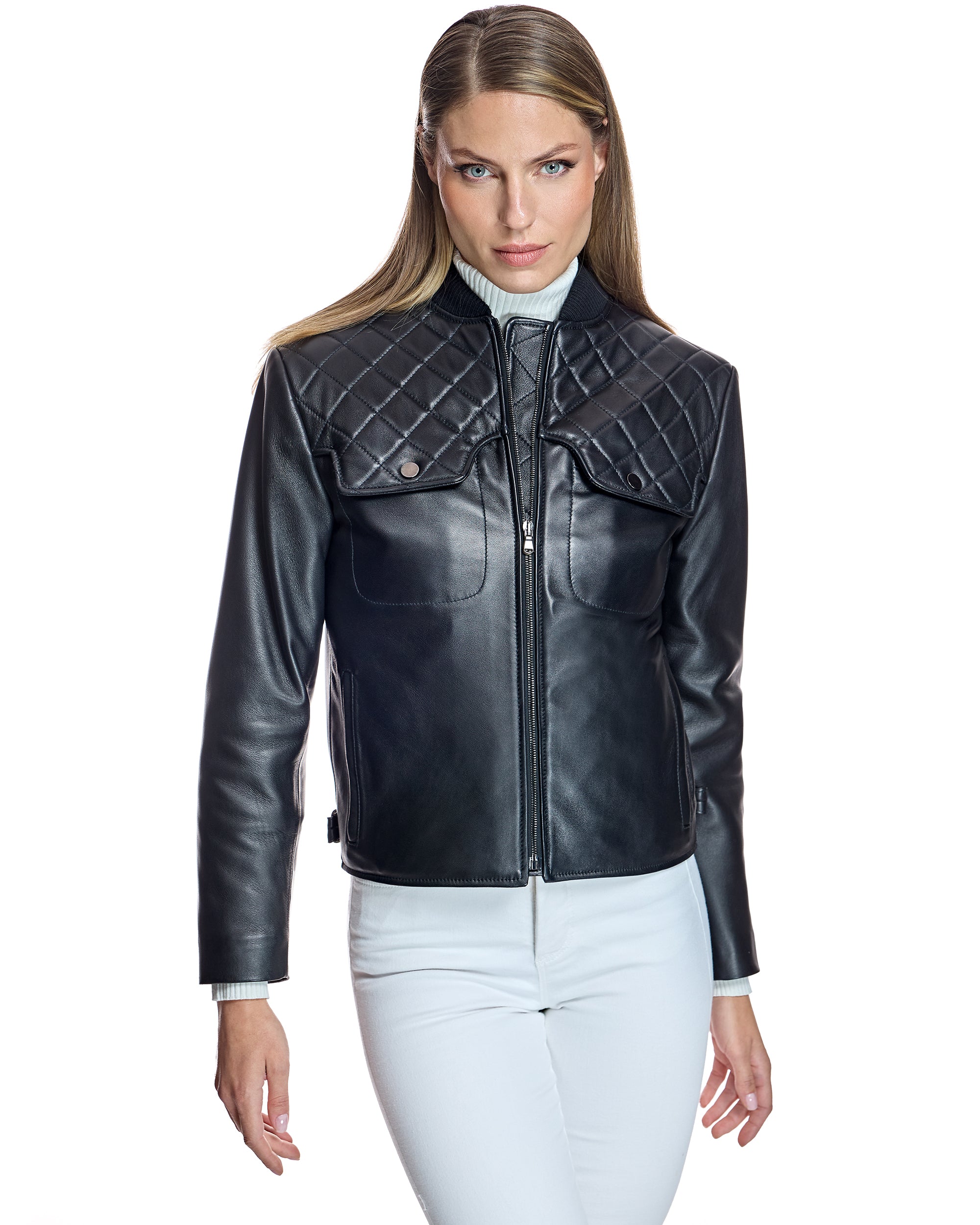 Leather Jacket with Elastic Collar