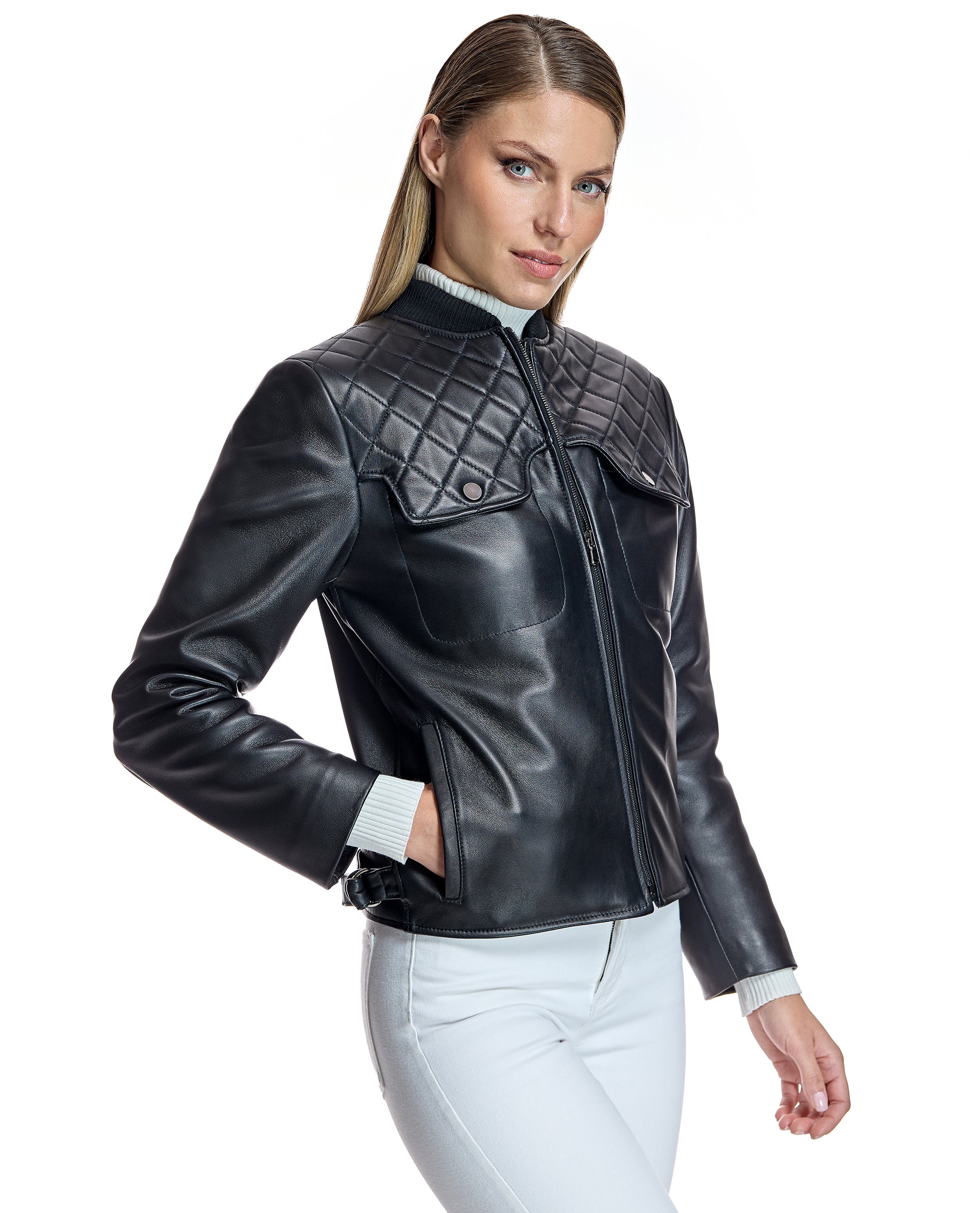 Leather Jacket with Elastic Collar